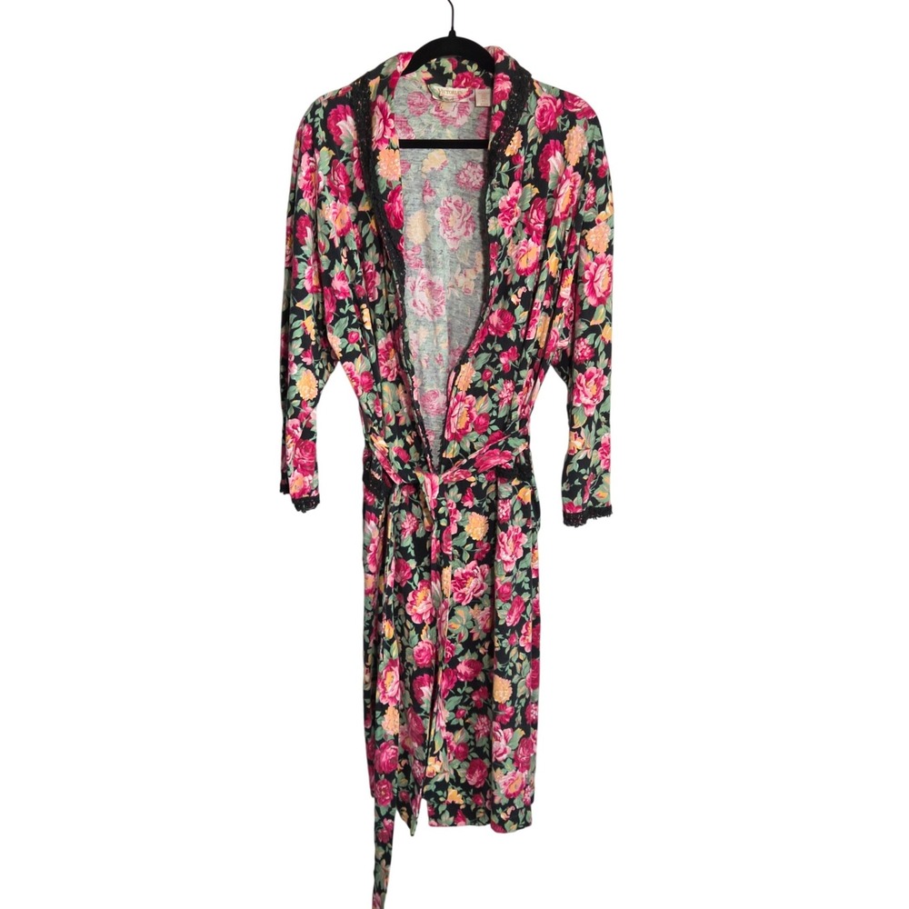 Vintage Victorias Secret Robe Womens M L Black Pink Floral Lace Trim Loungewear